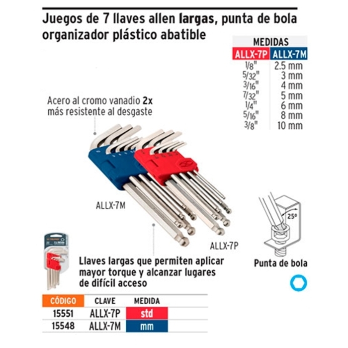 Juego 7 llaves allen largas mm punta bola con organizador, Llaves Allen,  15548