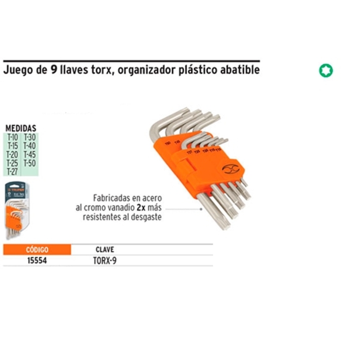 Juego de 9 llaves torx con organizador abatible, Truper, Llaves